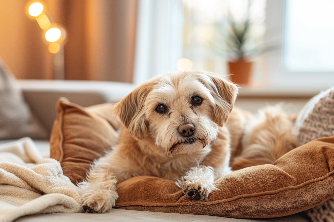 Vieux chien heureux explorant un nouveau foyer à Poitiers après un déménagement serein